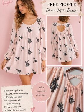 Free People Emma Pink Embroidered Boho Designer Mini Dress Keyhole Back Size L